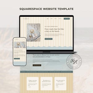 May include: A Squarespace website template displayed on a laptop and a smartphone screen. The design features a cream and light blue color palette with vertical stripes, beach-themed imagery, and text including Cozy reads that feel like a day at the beach.