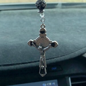 CRUCIFIX BLACK CROSS (Black & Crystal) Car Charm, Car Accessories Rear View Mirror Decoration, Pretty Car Decor, New Car Gift, Car Accessory