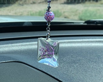CUADRADO DE CRISTAL (Grande) GOTA (Flor seca con infusión de color morado claro) Accesorios para coche Espejo retrovisor Dije para coche