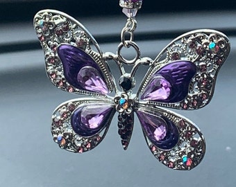 BUTTERFLY (Crystal-Prp-LG) Car Accessories Rear View Mirror Charm, Butterfly Car Charm, Butterfly Car Accessory, Pretty Car Decor, Car Charm