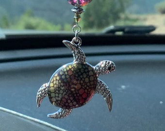 SILVER TURTLE (LRG) (Silver w/Rainbow) Car Accessories Rear View Mirror Car Charm