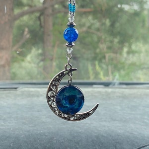 CRESCENT MOON & Blue Solar System Car Charm, Car Accessories Rear View Mirror Decoration, Pretty Car Decor, New Car Gift, Car Accessory