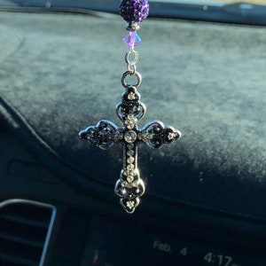 CROSS w/Jewels (Purple & Rainbow) Car Charm, Car Accessories Rear View Mirror Decoration, Pretty Car Decor, New Car Gift, Car Accessory