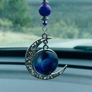 CRESCENT MOON & Solar System with Moon  (Purple and Blues) Car Accessories Rear View Mirror Car Charm