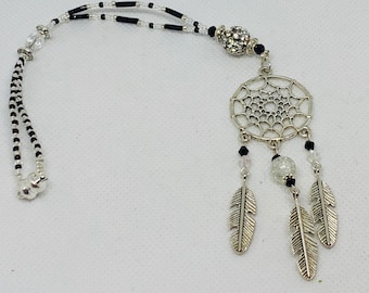 DREAMCATCHER with hanging feathers (Black & Crystal) Car Accessories Rear View Mirror Car Charm