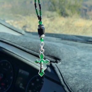 CRUCIFIX CROSS-(Small-Grn) Car Charm, Car Accessories Rear View Mirror Decoration, Pretty Car Decor, New Car Gift, Car Accessory