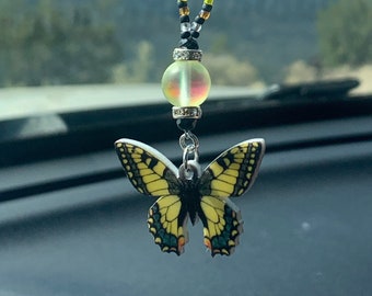 BUTTERFLY (Double Sided Yellow & Blk) Car Charm, Car Accessories Rear View Mirror Decoration, Pretty Car Decor, New Car Gift, Car Accessory