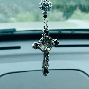 CRUCIFIX BLACK CROSS (Black-Crystal) Car Accessories Rear View Mirror Car Charm