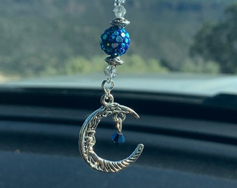 CRESCENT MOON w/Star (Blue) Car Charm, Car Accessories Rear View Mirror Decoration, Pretty Moon Car Decor, New Car Gift, Car Accessory