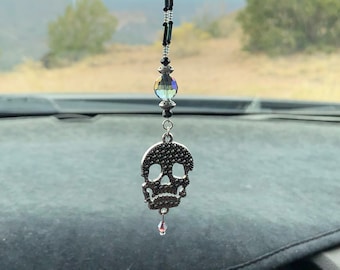 SKULL (Silver w/ purple Dangle) Car Accessories Rear View Mirror Car Charm