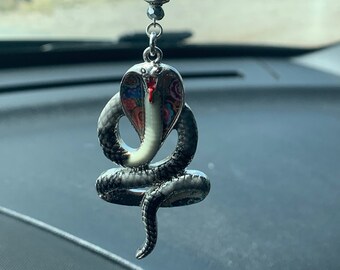 COBRA SNAKE (Nero, Grigio e Argento) Accessori per auto, specchietto retrovisore, ciondolo per auto, Anno del serpente, decorazioni per auto, accessorio da appendere all'auto, ciondolo per auto