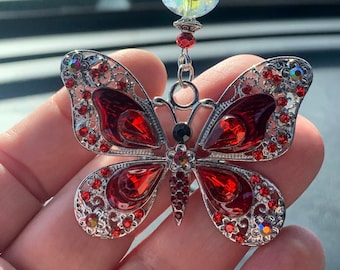 BUTTERFLY (Crystal-LG Red & Crystal) Car Accessories Rear View Mirror Car Charm, Butterfly Car Charm, Butterfly Car Accessory