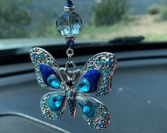 BUTTERFLY (Crystal-Blue-LG) Car Accessories Rear View Mirror Car Charm, Butterfly Car Charm, Butterfly Car Accessory, Car Charm