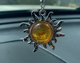 BEAUTIFUL GEM SUN (Silver Sun with Golds-Crystal) Car Accessories Rear View Mirror Car Charm, Sun Car Hanging, Sun Car Charm