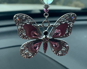 BUTTERFLY (Crystal-LG Pink) Car Accessories Rear View Mirror Car Charm, Butterfly Car Charm, Butterfly Car Accessory, Butterfly Charm