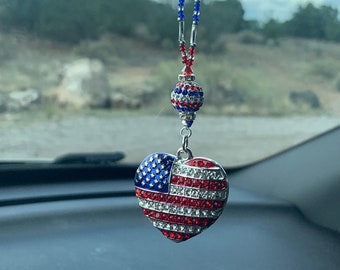 AMERICAN USA FLAG-Crystal Heart Car Charm, Car Accessories Rear View Mirror Decoration, Pretty Car Decor, New Car Gift, Car Accessory