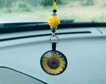 SUNFLOWER Cabochon (Yellow-Black) Car Accessories Rear View Mirror Car Charm