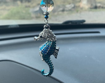 SEAHORSE (Turquoise, Blue & Crystal Gem) Car Accessories Rear View Mirror Car Charm