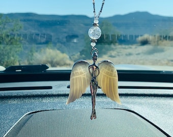 ANGEL Lg w/PEARL WINGS (Crystal-Pearl) Car Accessories Rear View Mirror Charm, Angel Car Charm, Angel Mirror Charm, Angel Car Accessory