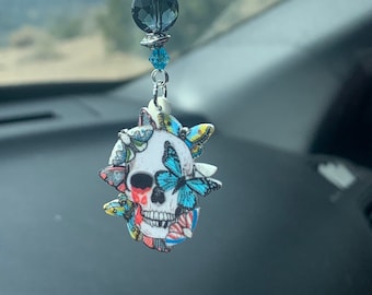 SUGAR SKULL-Double Sided (Black-Blue) Car Accessories Rear View Mirror Car Charm, Skull Car Charm, Skull Car Accessory, Skull for your Car