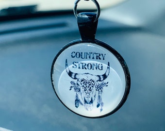 COUNTRY STRONG (Blk & Wht) Car Charm, Car Accessories Rear View Mirror Decoration, Pretty Car Decor, New Car Gift, Car Accessory, Car Charms
