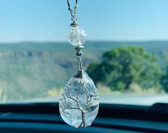 TREE OF LIFE (Crystal & Silver) Car Charm, Car Accessories Rear View Mirror Decoration, Pretty Car Decor, New Car Gift, Car Accessory