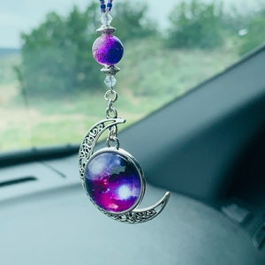 CRESCENT MOON & Solar System Nebula (purples -pinks) Car Accessories Rear View Mirror Charm