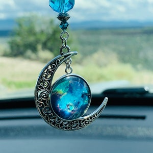 CRESCENT MOON & solar (Blues-Greens) system Car Accessories Rear View Mirror Car Charm, Car Charms, Moon Charm, Moon Car Decor