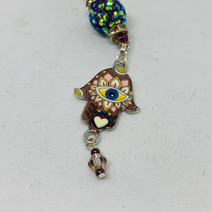 HAMSA NAMESTE HAND with Hanging Gem (Multi-Color) Car Accessories Rear View Mirror Car Charm