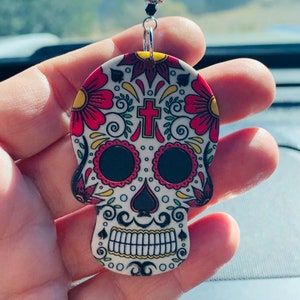SUGAR SKULL HEAD-Large (Multi-Colored) Car Accessories Rear View Mirror Car Charm, Skull Car Charm, Skull Car Accessory, Sugar Skull