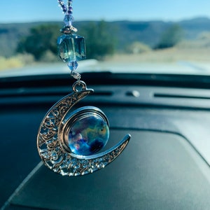 CRESCENT MOON  & Solar System w/snap button (Blues-Purples) system Car Accessories Rear View Mirror Car Charm, Moon Car Charm