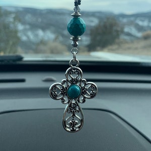 CROSS (Silver-Turq-Crystal) Car Charm, Car Accessories Rear View Mirror Decoration, Pretty Cross Car Decor, New Car Gift, Car Accessory