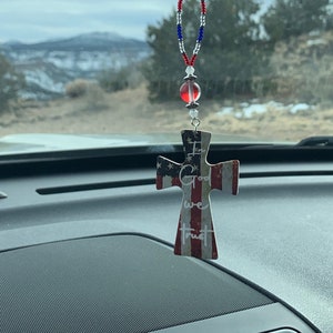 CROSS (LG-Rd-wht-Blu) Car Accessories Rear View Mirror Car Charm, God Cross, USA Charm, Pretty Cross Car Decor, Car Charm, Cross Car Charms