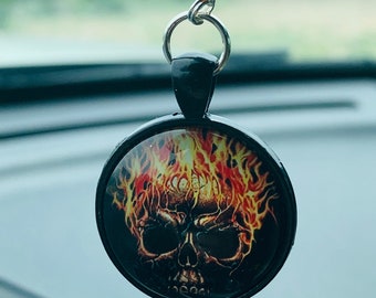 FIRE SKULL (Orange-Yellow and Black) Car Accessories Rear View Mirror Car Charm, Skull Car Charm, Skull Car Charms, Skull Car Hanging
