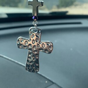HAMMERED SILVER CROSS (Rainbow & Silver) Car Accessories Rear View Mirror Car Charm