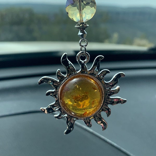 BEAUTIFUL GEM SUN (Silver Sun with Golds and Crystal) Car Accessories Rear View Mirror Car Charm