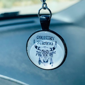 COUNTRY STRONG (Blk & Wht) Car Charm, Car Accessories Rear View Mirror Decoration, Pretty Car Decor, New Car Gift, Car Accessory, Car Charms