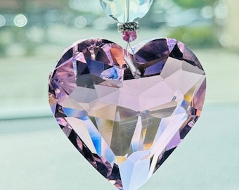 Pendentifs pour voiture COEUR EN CRISTAL (XLG-rose), breloques pour voiture, accessoire de voiture coeur, accessoires de voiture coeurs, coeurs pour rétroviseur de voiture, attrape-soleil coeur