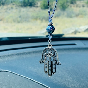 HAMSA NAMESTE HAND (Lav-Crys-Sil) Car Charm, Car Accessories Rear View Mirror Decoration, Pretty Car Decor, New Car Gift, Car Accessory