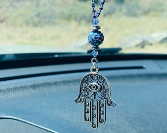 HAMSA NAMESTE HAND (Lav-Crys-Sil) Car Charm, Car Accessories Rear View Mirror Decoration, Pretty Car Decor, New Car Gift, Car Accessory