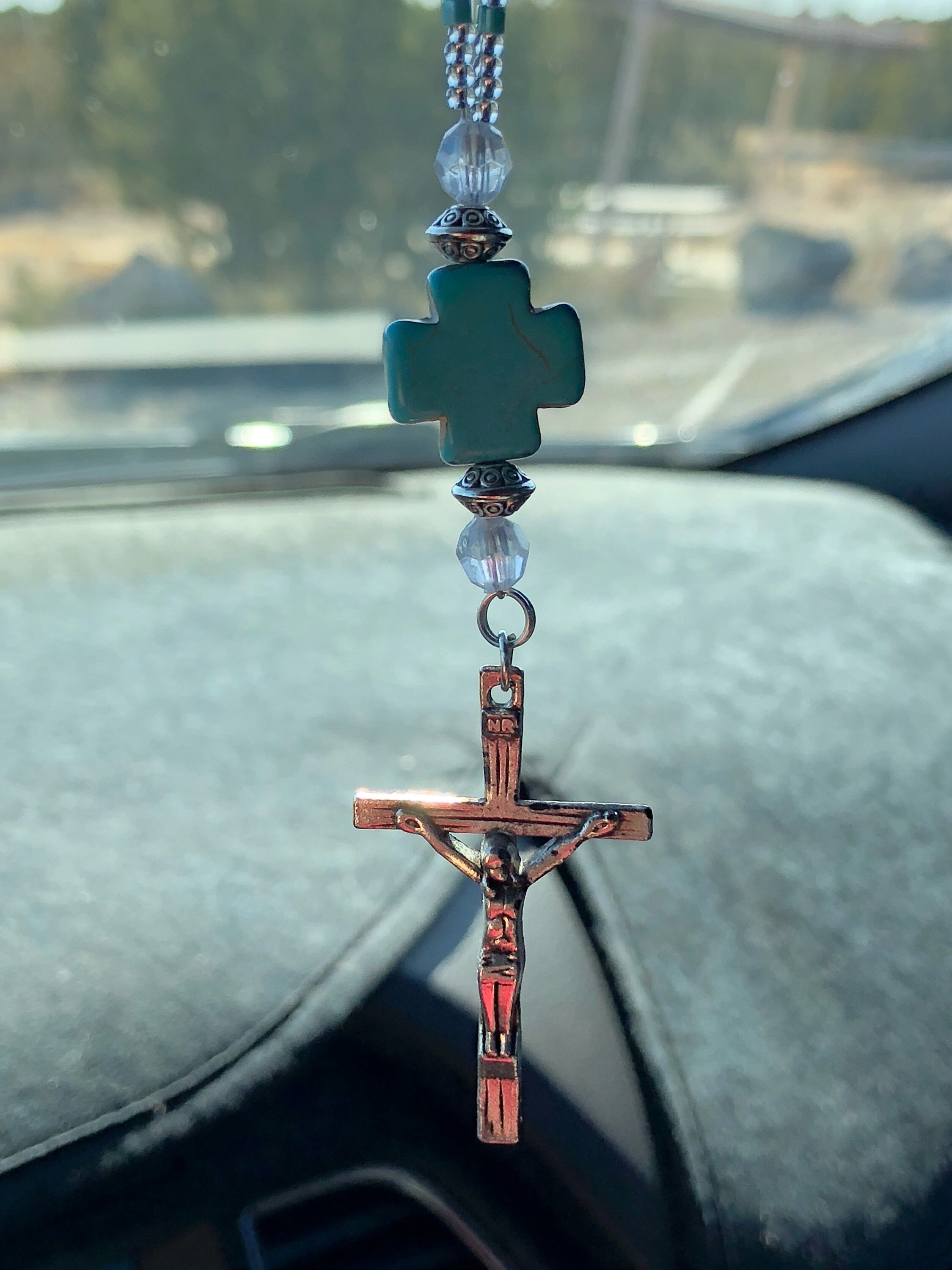 XERSEI アルミ インテリアパーツ CRUCIFIX CROSS (turquoise) Car Accessories, Rear View Mirror Car