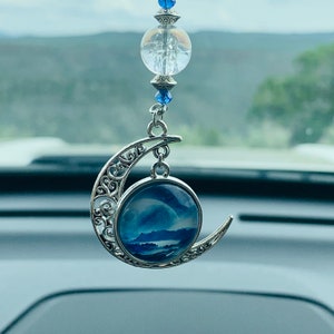 CRESCENT MOON & Solar System with Moon  (Blue - Crystal) Car Accessories Rear View Mirror Car Charm
