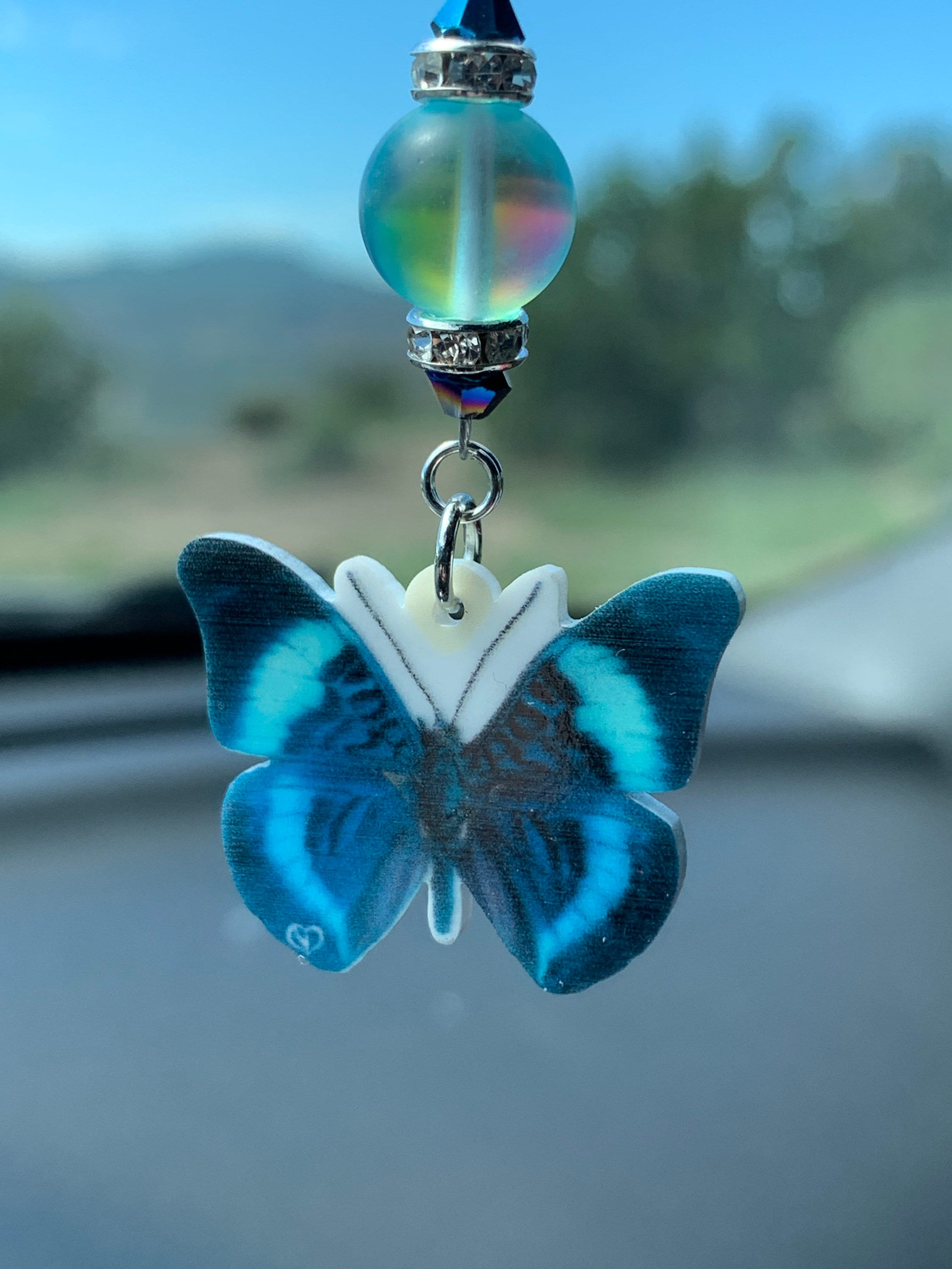 BUTTERFLY (Double Sided -Blues) Car Charm, Car Accessories Rear View Mirror Decoration, Pretty Car Decor, New Car Gift, Car Accessory