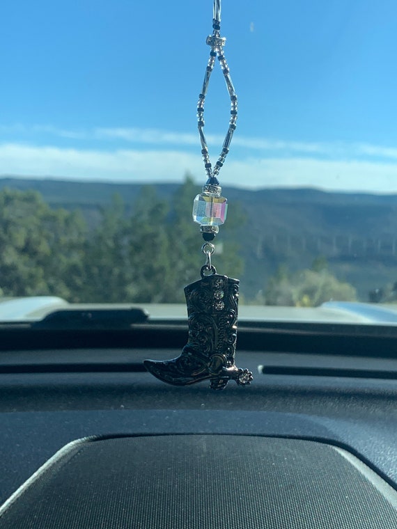 COWGIRL SPURRED BOOT (charcoal & Crystal) Car Accessories Rear