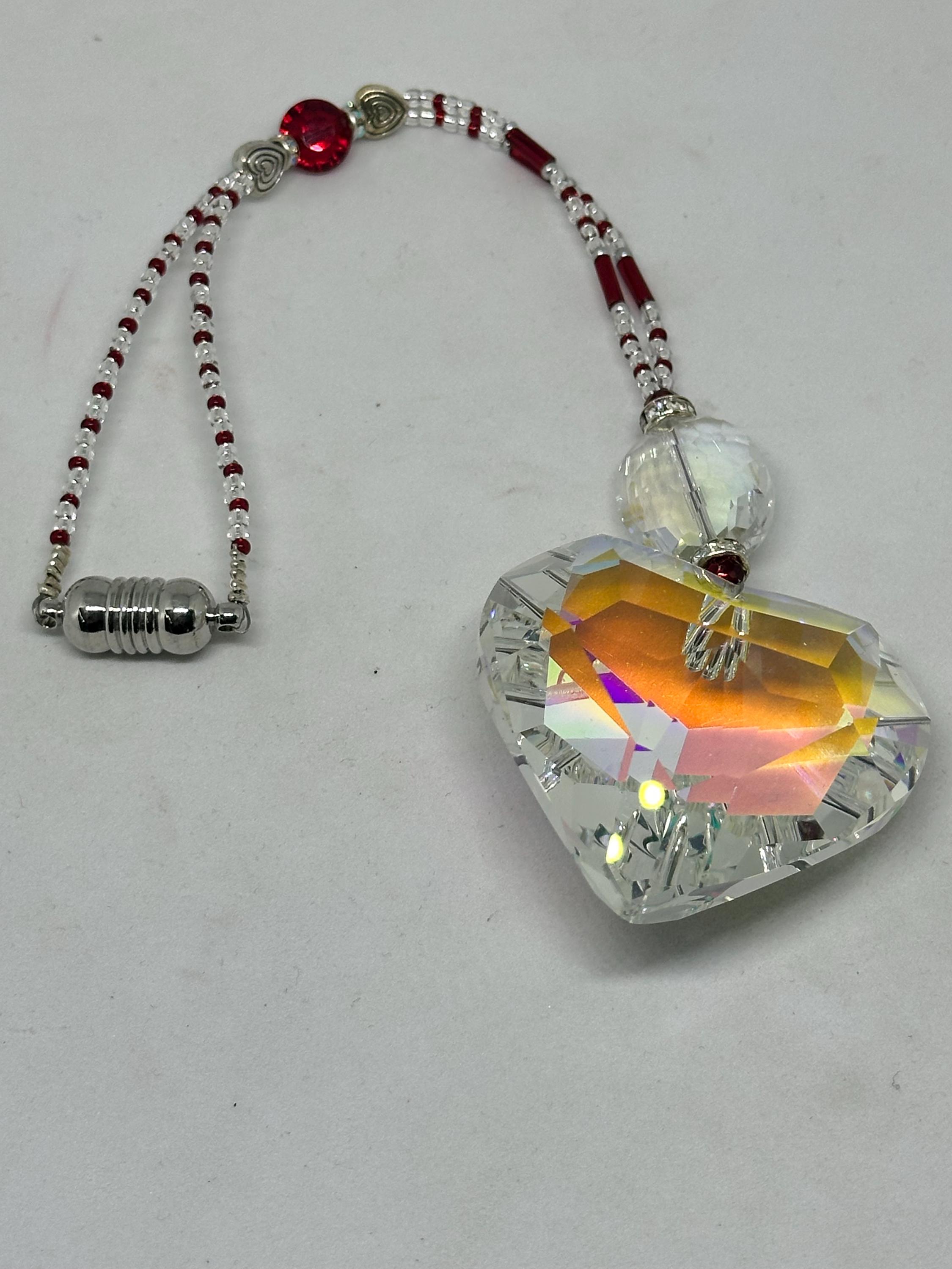 Pendentif pour voiture COEUR EN CRISTAL (transparent-XLg), breloques pour voiture, accessoire de voiture coeur, accessoires de voiture coeurs, coeurs pour rétroviseur de voiture, attrape-soleil coeur