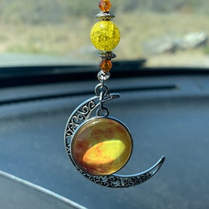 CRESCENT MOON & Solar System Glow In the Dark (Yellow-Orange) Car Accessories Rear View Mirror Car Charm