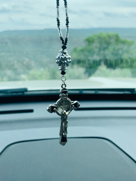 Rosario Per Auto Con Croce | 2 Pezzi Per Specchietto Retrovisore | Decorazione Interni Nero