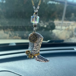 COWGIRL SPURRED BOOT (Slvr, gold & Crystal) Cowgirl accessories, Car Accessories Rear View Mirror Car Charm, Car Charmz, Cowgirl Boot Charm