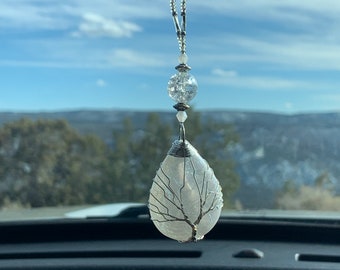 TREE OF LIFE ( Large White Crinkle-Crystal) Car Accessories Rear View Mirror Car Charm, Tree of Life Car Charms, Tree of Life Car Charm