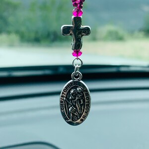 SAINT CHRISTOPHER (Silver Oval w Blk & Hot Pink) Car Accessories Rear View Mirror Car Charm, Car Charms